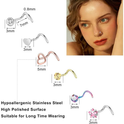 44-Pack 20G Hypoallergenic Rust-Resistant Surgical Stainless Steel Nose Studs Set - Moon, Star, Zirconia Designs, Spiral Nose Rings for Women, Christmas Valentine Stud Piercing Jewelry, Zirconia Piercing Jewelry