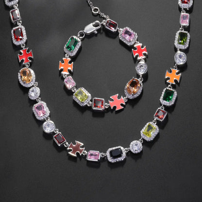 ICED CHICS Unisex Necklace & Bracelet Set (2pcs/set), Trendy Jewelry Set, Fashionable Colorful Zirconia for All Seasons, Cross Accent, Hip Hop Street Style, Perfect Gift