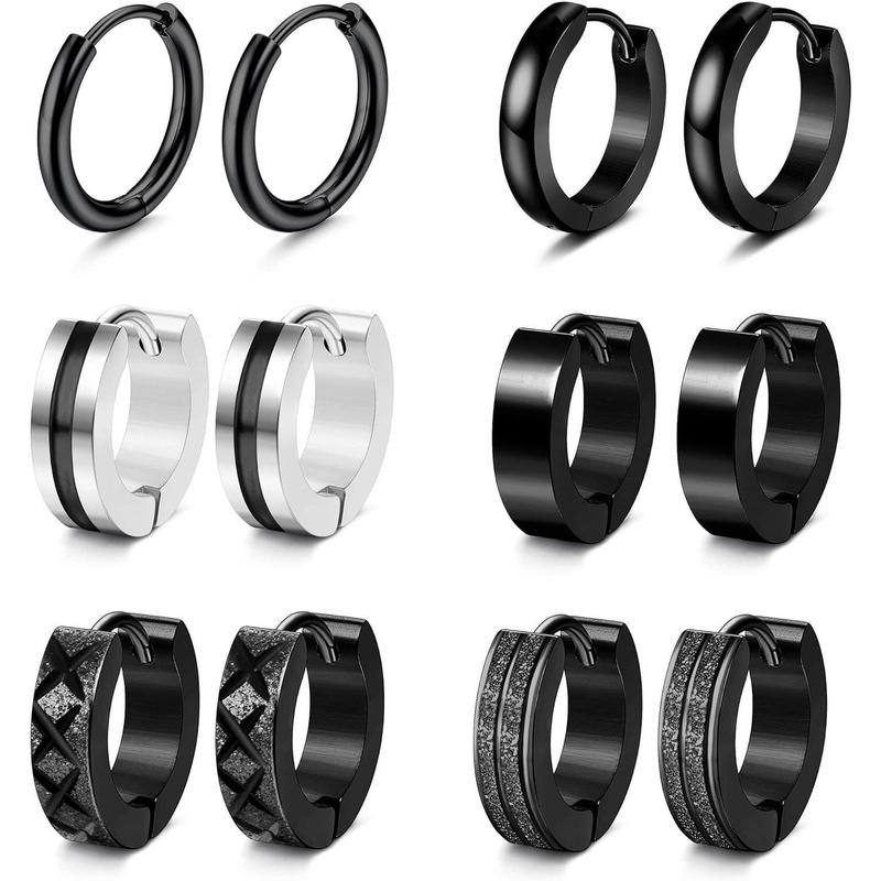 CASSIECA 6Pair Stainless Steel Earrings Set Classic Small Hoops, Helix Piercing Sleepers, Dome, Black Styles, Sleep Safe Jewelry for Men/Women, Men's Accessories Sohochic