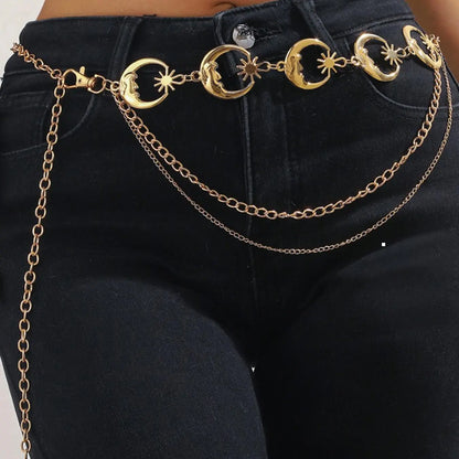 Women's Layered Metal Chain Belt, Gold‑Tone or Silver‑Tone Waist Chain with Moon and Sun Charms, Adjustable Decorative Body Jewelry for Dresses, Skirts, Parties, and Festival Outfits