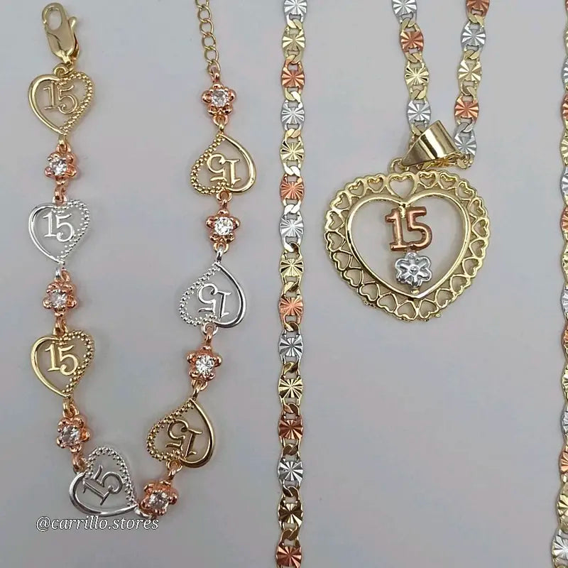 15th Year's Beautiful Heart & Flowers Necklace 20 Inches Gold-Plated Bracelet Set in Three Colors Jewelry Gift