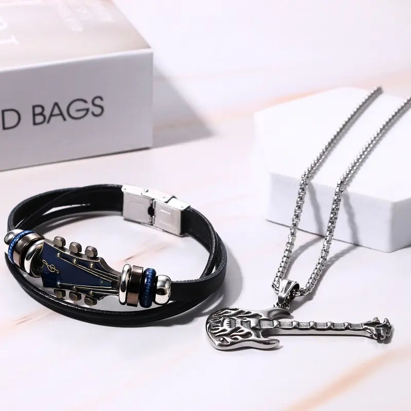 OIDEA Men's Punk Edge Jewelry Set - Stainless Steel Bold Guitar Head Shape Pick Necklace, Adjustable Leather Bracelet, Rock Musical Accessories, Gifts for Boyfriend, Meaningful Gift