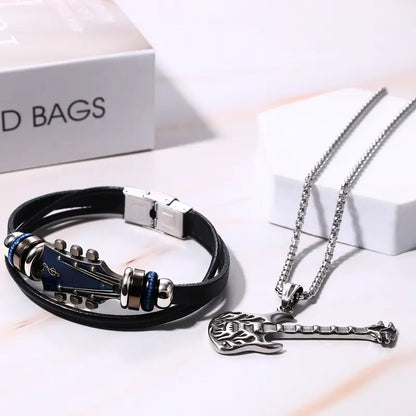 OIDEA Men's Punk Edge Jewelry Set - Stainless Steel Bold Guitar Head Shape Pick Necklace, Adjustable Leather Bracelet, Rock Musical Accessories, Gifts for Boyfriend, Meaningful Gift