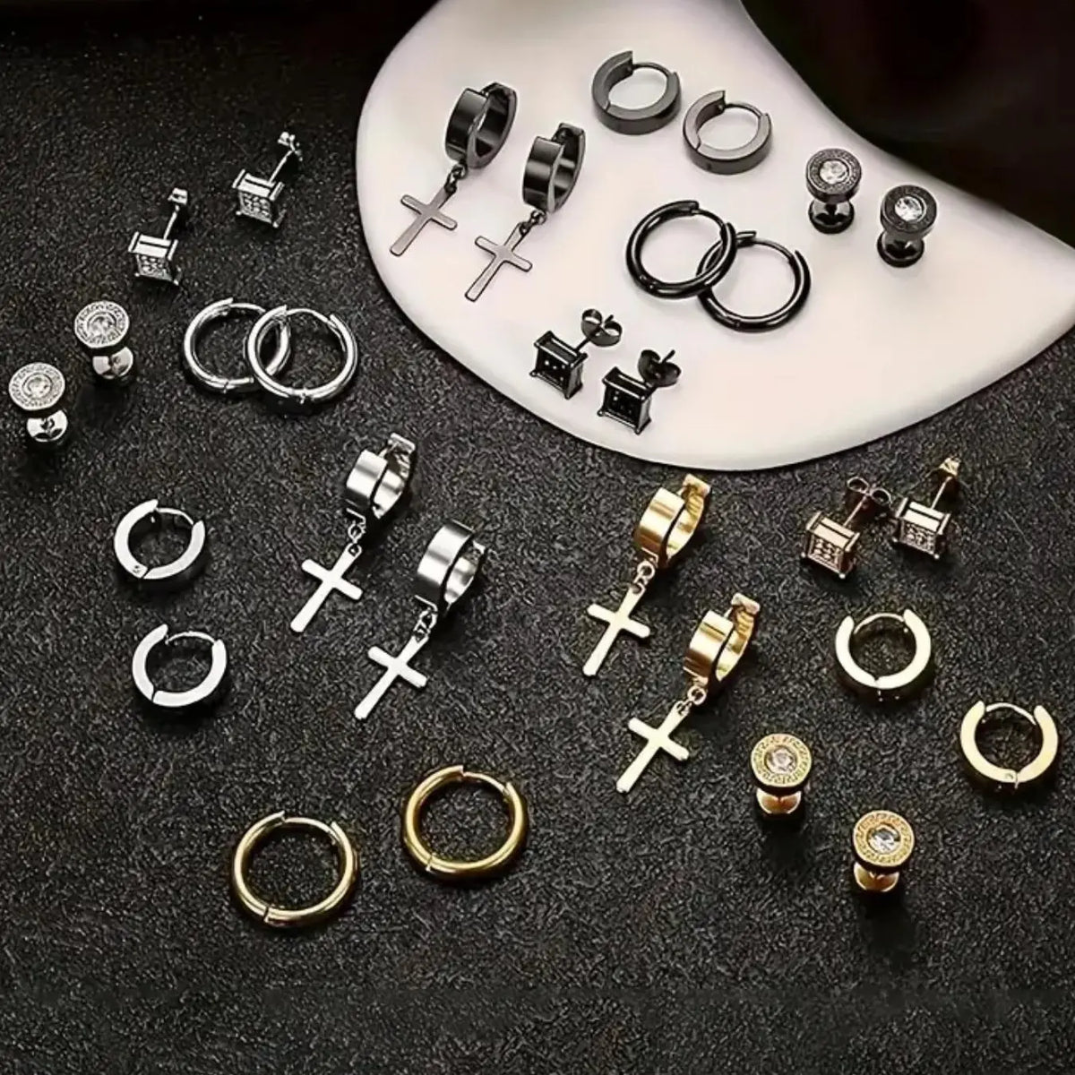 Geometric and Cross Design Earrings Set, Earring Pack, Hypoallergenic Stainless Steel Cartilage Stud Earrings with Artificial Zircon for Women and Men, Earrings Studs, Gift Jewelry
