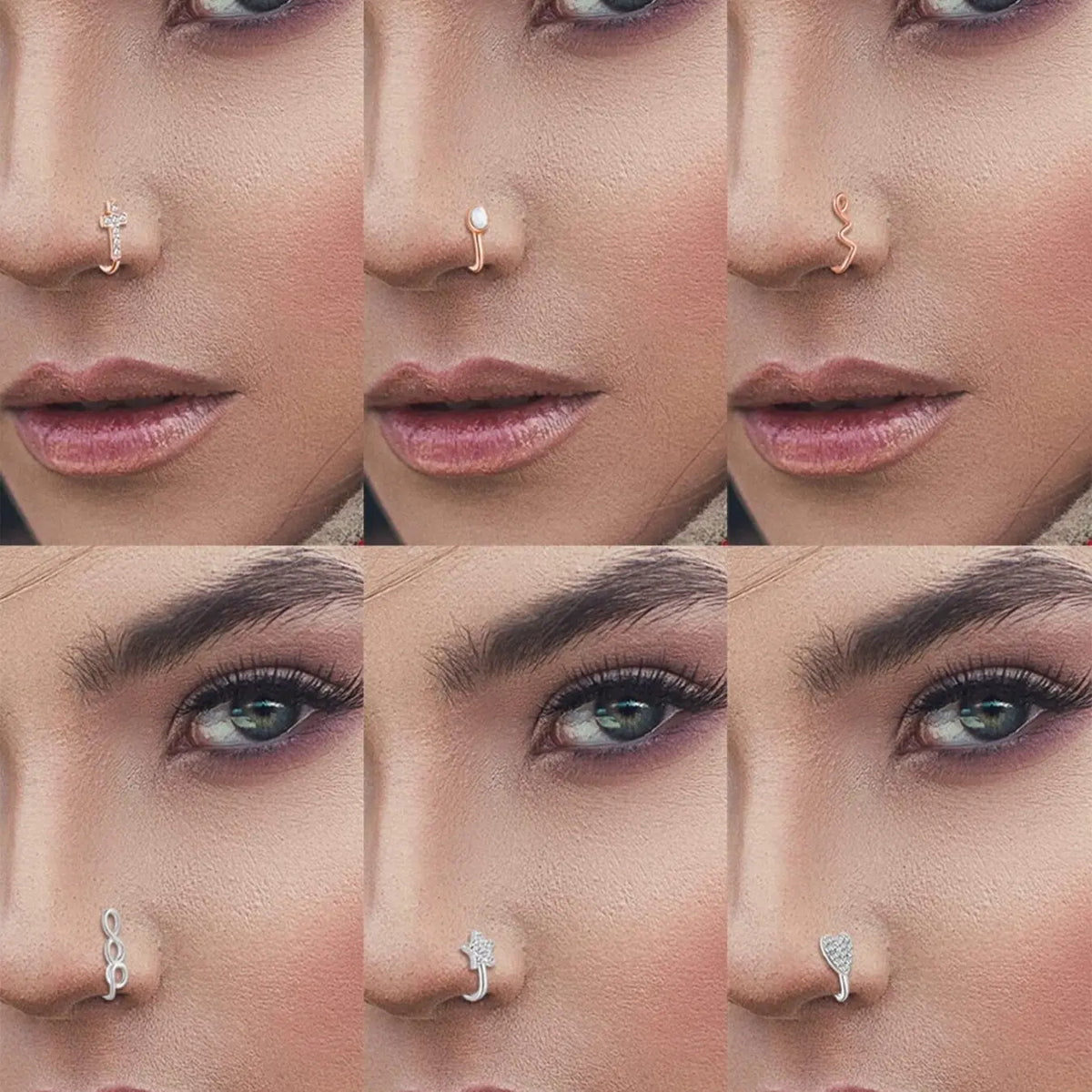 16Pcs African Faux Nose Cuff Non Piercing Inlaid Cubic Zirconia Clip on Nose Ring Star flower Leaf Heart Shape Nose Ring Fake Nose Cuff for Women Silver Gold Rose Gold Ton Nose Jewelry