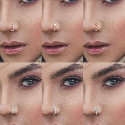 16Pcs African Faux Nose Cuff Non Piercing Inlaid Cubic Zirconia Clip on Nose Ring Star flower Leaf Heart Shape Nose Ring Fake Nose Cuff for Women Silver Gold Rose Gold Ton Nose Jewelry