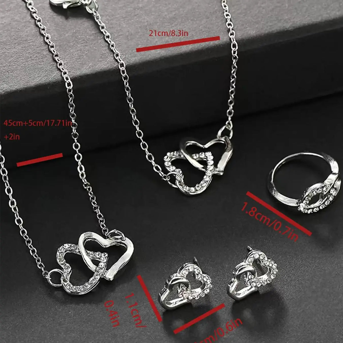 Mother's Day Gift Rhinestone Decor Hollow Out Heart Design Jewelry Set, Elegant Necklace & Bracelet & Earrings & Ring Set, Fashion Exquisite Matching Jewelry Set for Women's Gift, Valentine's, Jewellery Gift Set, Necklaces Earrings Set