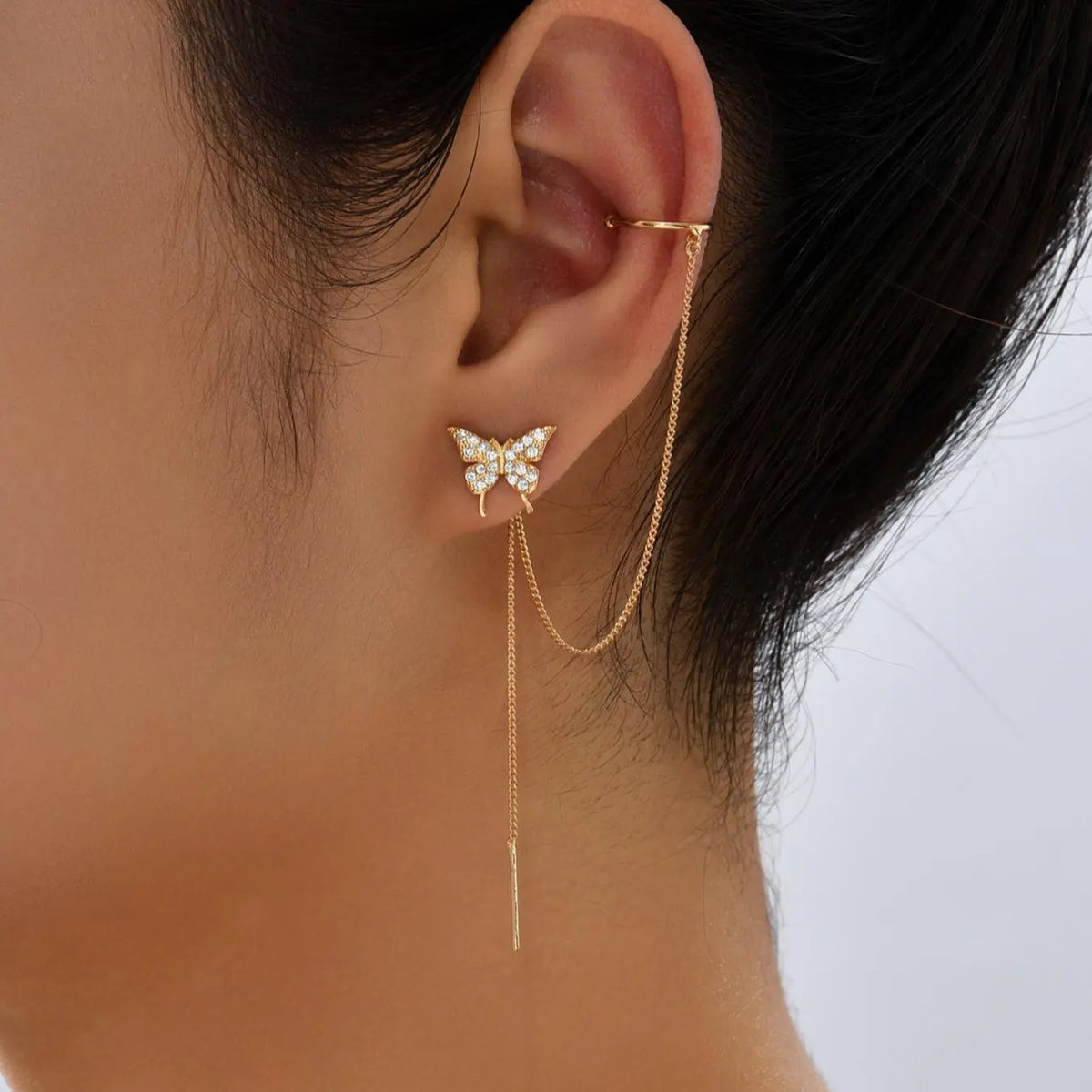 Women's Elegant Trendy Rhinestones Decorated Dangle Earrings with Butterfly Design, Exquisite Tassel Decorated Dangle Earrings for Party & Daily, Classic Fashion Accessories for Daily Wear