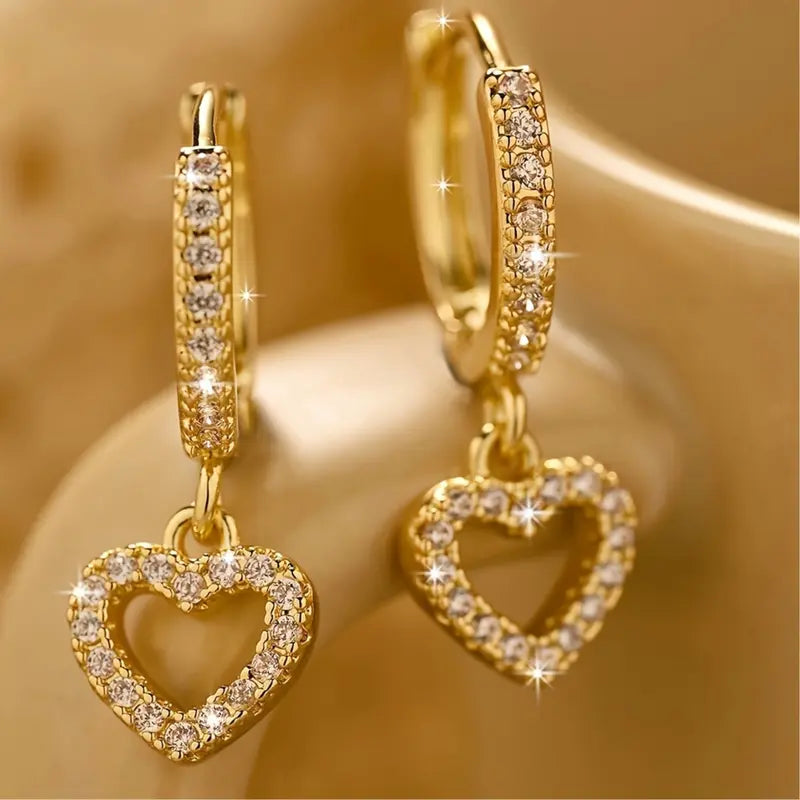 1 Pair Golden Cubic Zirconia Earrings Luxurious Women Charm Heart Drop Dangle Earrings Wedding Engagement Party Jewelry Birthday Valentine'S Day Gifts