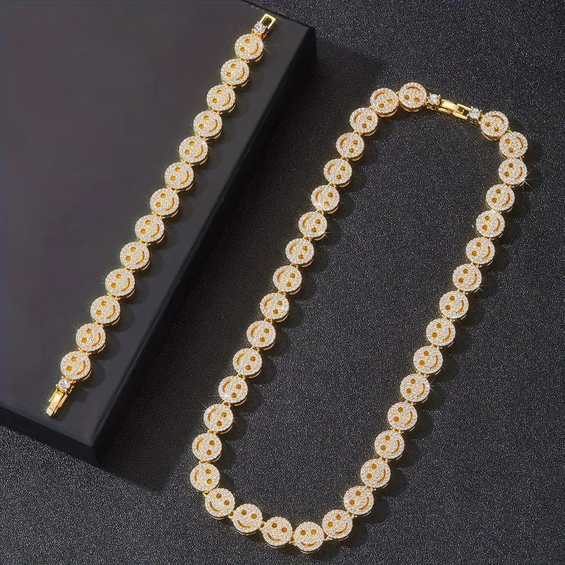 Fashion Hip-hop Smiley Face Cuban Chain with 8-inch Bracelet Set, Exquisite Couple Necklace Set, Thanksgiving Christmas Mother's Day New Year Gift Fashionable Jewelry Set Zirconia Jewelry Set Trendy Versatile Zinc Alloy