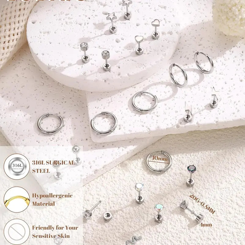 LOLIAS Women's 33Pcs 20G Surgical Steel Cartilage Earring Set - Hypoallergenic Flat Back/Push Back Studs, Hoops, 7 Chain Dangles, Trendy Iridescent Chain, CZ Opal Jewelry for Conch Piercings, Earring Stack, 10mm, Birthday Gift, Body Piercing Kit