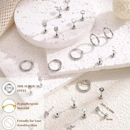 LOLIAS Women's 33Pcs 20G Surgical Steel Cartilage Earring Set - Hypoallergenic Flat Back/Push Back Studs, Hoops, 7 Chain Dangles, Trendy Iridescent Chain, CZ Opal Jewelry for Conch Piercings, Earring Stack, 10mm, Birthday Gift, Body Piercing Kit