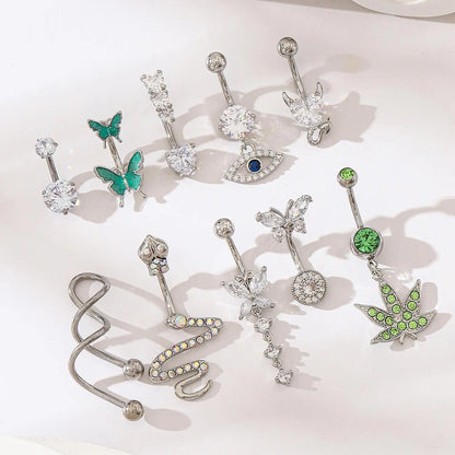 Women's Rhinestone Decorated Charms Belly Piercing Chic Body Jewelry, Body Piercings Set, Belly Button Rings, New Summer 2024 Butterfly & Eye & Snake & Heart Navel Real Jewelry Sets for Women Girls, Body Jewellery