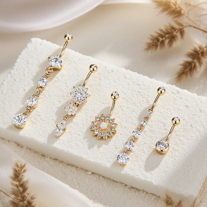 Women's Belly Button Rings Set, Navel Ring, Artificial Zircon Flower Design, Fashion Jewelry for Party & Vacation Wear, Body Piercing Accessories, High Quality Jewelry, Body Jewellery