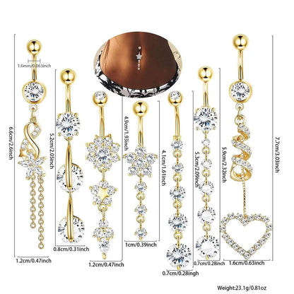 Women's Elegant Rhinestone, Flower and Heart Decor Belly Rings, Exquisite Trendy Belly Piercing Jewelry, Chic Body Jewelry, Belly Button Jewelry for Party & Daily Decor, Sparkling Artificial Zircon Inlay, Gems for Piercings #GLOBAL PICKS