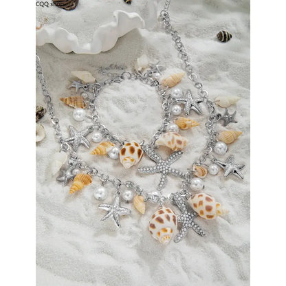 Unisex Nautical Ocean-Themed 2-Piece Alloy Artificial Pearl Jewelry Set - Star Sports Wristbands, Seashell Geometric Necklace, Durable and Refined Appearance, for Everyday Wear, Gifting