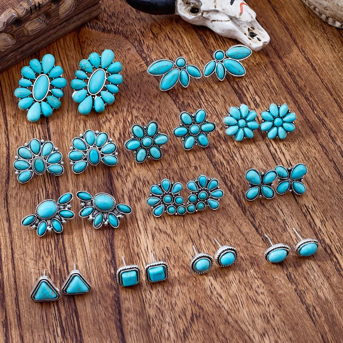 Vintage Bohemian Turquoise Earrings Set, Boho Earrings, Versatile Earrings, Ear Studs, Stud Earring Sets, Fashion Jewelry Accessories, Trendy Fashionable Accessories, Geometric Triangle Round Square Flower Shapes, Women's Gift, 12 Pairs
