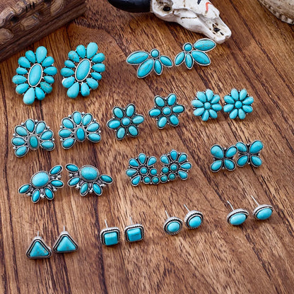 Vintage Bohemian Turquoise Earrings Set, Boho Earrings, Versatile Earrings, Ear Studs, Stud Earring Sets, Fashion Jewelry Accessories, Trendy Fashionable Accessories, Geometric Triangle Round Square Flower Shapes, Women's Gift, 12 Pairs