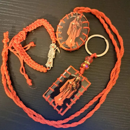 Unisex Santa Muerte 3-Piece Elegant Matching Jewelry Set - Adjustable Necklace + Bracelet, Keychain, Adults' Accessories, Date Gift for Her, Costume Fashion Accessory