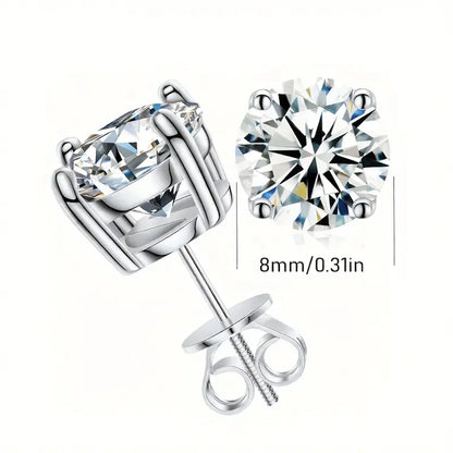 Round Silver-Plated Zircon Stud Earrings - 2-Carat (x2), 8mm, Screw-Back Closures, 4 Total Carats, Precision-Cut, Unisex Custom-Made Jewelry, Secure Fit, Silver-Plated Finish Resists Dullness, Elegant Bling Accessory, Milestone Moment Gift