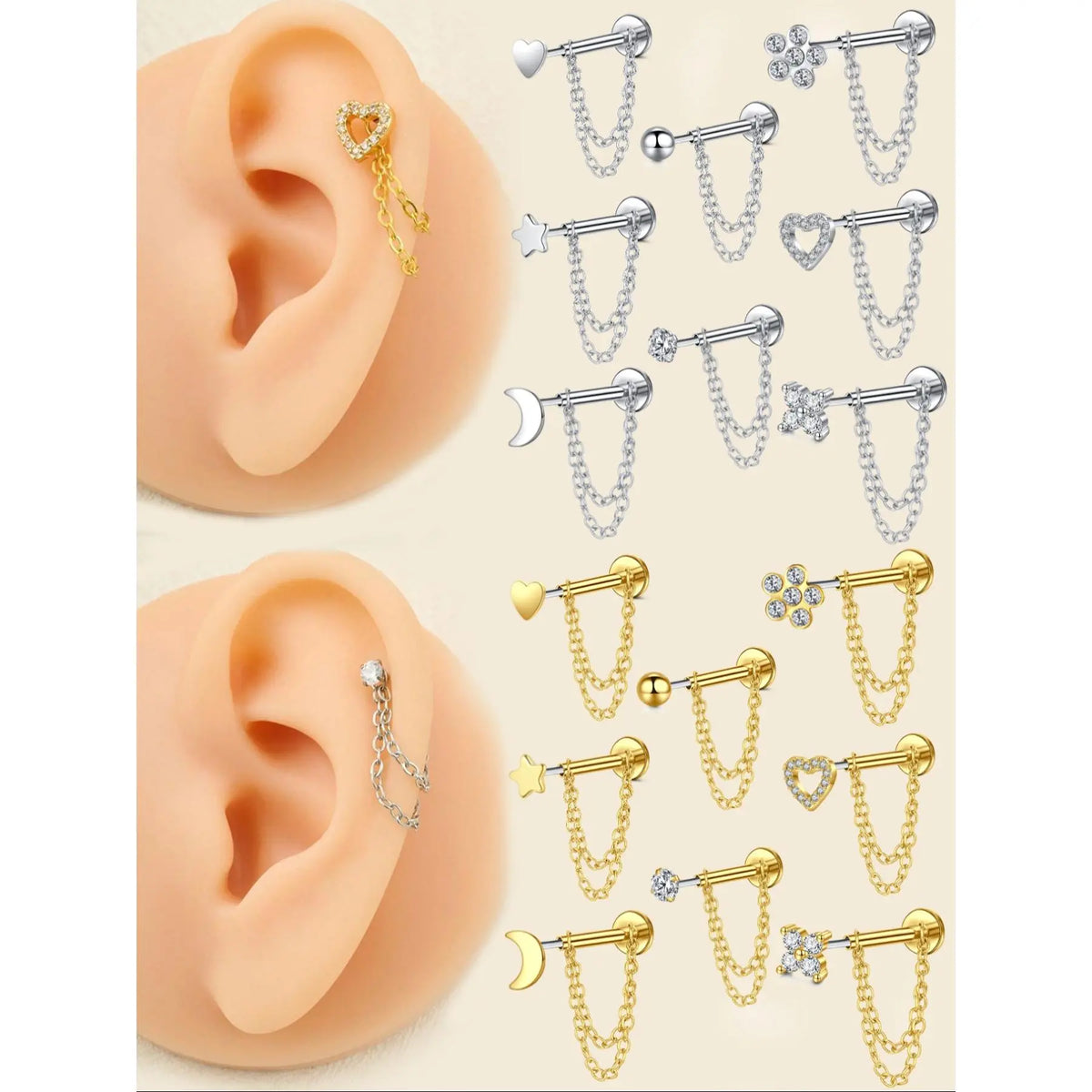 Unisex Stainless Steel Cz Heart Chain Earrings, 20g Push-Back Studs, Fashionable Jewelry Gift for Birthdays & Special Occasions, Chain Style, Trendy Fashionable Accessories, Zircon Stud Earrings, Cubic Zirconia