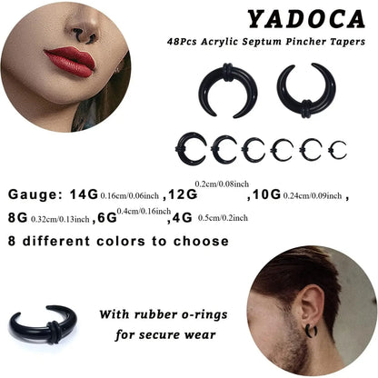 48Pcs Acrylic Septum Stretching Kit 14G 12G 10G 8G 6G 4G Septum Ring C Shape Buffalo Pincher Septum Gauge Kit Body Piercing Jewelry With Black O-Rings For Stretching Pierced Nose Ear Cartilage Nose Rings Hoops Kit Nose Piece