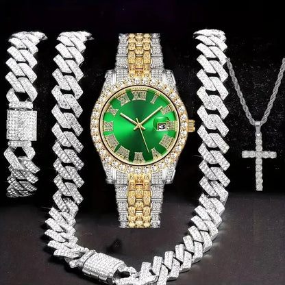 Unisex 3-Piece Punk Jewellery Exquisite Watch Set, Set Includes Rhinestone Shine Cross Pendant Necklace, Adjustable Alloy Bracelet & Exquisite Watch for Everyday Wear