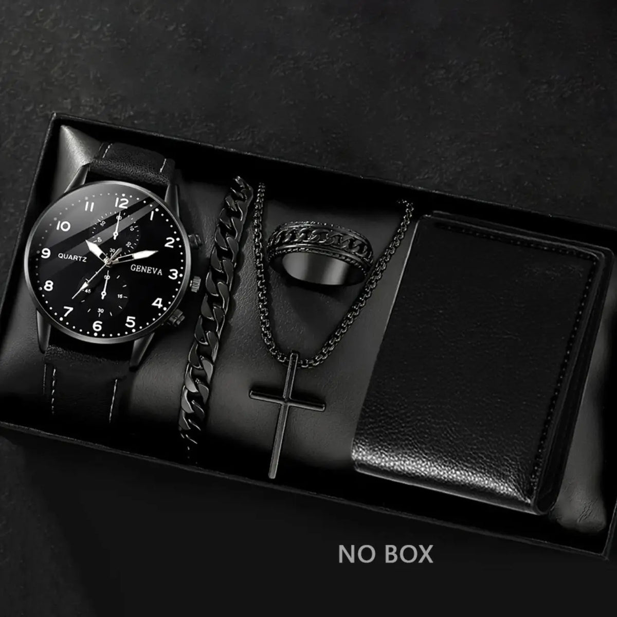 Men's Business Fashion Watch & Jewelry Set, Including Round Dial Watch, Chain Bracelet, Pendant Necklace and Ring, Trendy Versatile Exquisite Set for Birthday Gift
