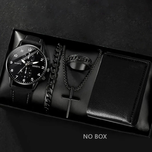 Men's Business Fashion Watch & Jewelry Set, Including Round Dial Watch, Chain Bracelet, Pendant Necklace and Ring, Trendy Versatile Exquisite Set for Birthday Gift