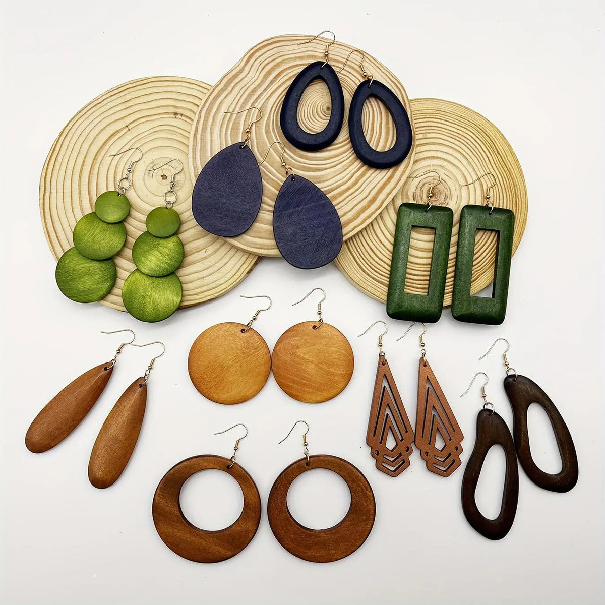 Women's Geometric Wood Earrings, Teardrop/Round/Rectangle Shapes, Boho Style Jewelry, Bohemian Earrings, Vintage Fashion Statement Earrings, Versatile Earrings for Daily Wear, Gift Idea