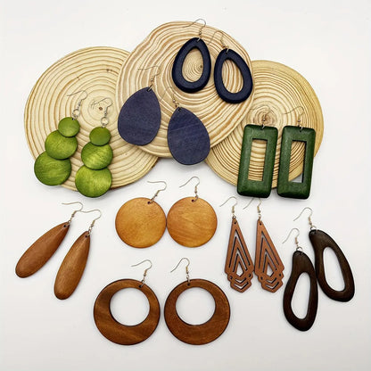 Women's Geometric Wood Earrings, Teardrop/Round/Rectangle Shapes, Boho Style Jewelry, Bohemian Earrings, Vintage Fashion Statement Earrings, Versatile Earrings for Daily Wear, Gift Idea