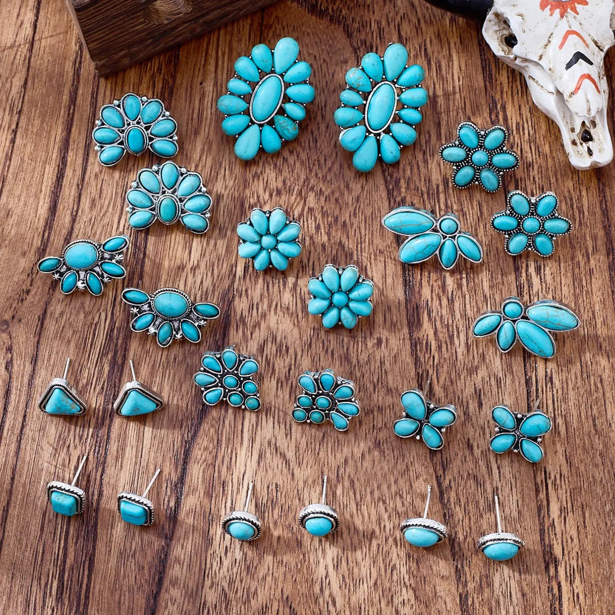 Vintage Bohemian Turquoise Earrings Set, Boho Earrings, Versatile Earrings, Ear Studs, Stud Earring Sets, Fashion Jewelry Accessories, Trendy Fashionable Accessories, Geometric Triangle Round Square Flower Shapes, Women's Gift, 12 Pairs