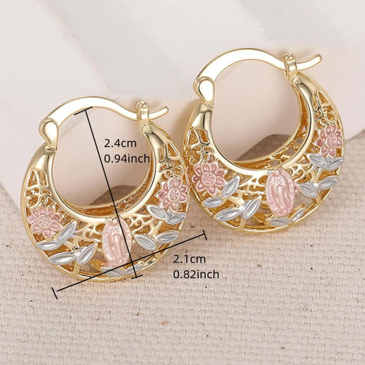 Mexican-style sunflower pattern gold-coloured hollow hoop earrings, hoop shape earrings, elegant party earrings, the perfect anniversary gift for mothers and couples, earrings jewelry