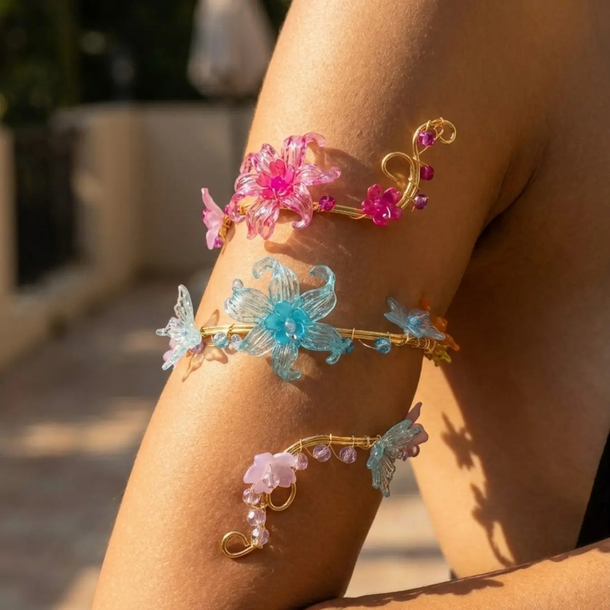 Rainbow Gradient Transparent Flower Butterfly Arm Bracelet, Colorful Beaded Spiral No-Piercing Upper Arm Ring, Beach Festival Body Jewelry, Bead Bracelets, Boho Jewelry