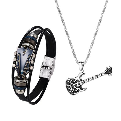 OIDEA Men's Punk Edge Jewelry Set - Stainless Steel Bold Guitar Head Shape Pick Necklace, Adjustable Leather Bracelet, Rock Musical Accessories, Gifts for Boyfriend, Meaningful Gift