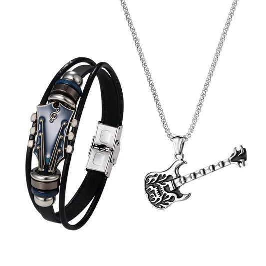 OIDEA Men's Punk Edge Jewelry Set - Stainless Steel Bold Guitar Head Shape Pick Necklace, Adjustable Leather Bracelet, Rock Musical Accessories, Gifts for Boyfriend, Meaningful Gift