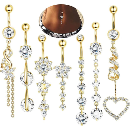 Women's Elegant Rhinestone, Flower and Heart Decor Belly Rings, Exquisite Trendy Belly Piercing Jewelry, Chic Body Jewelry, Belly Button Jewelry for Party & Daily Decor, Sparkling Artificial Zircon Inlay, Gems for Piercings #GLOBAL PICKS