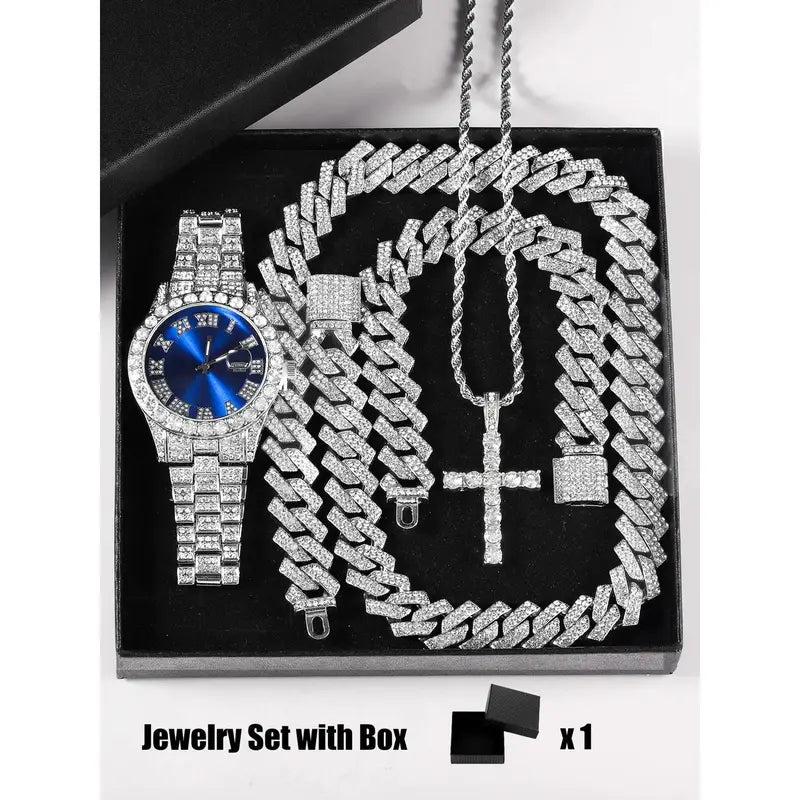 Unisex 3-Piece Punk Jewellery Exquisite Watch Set, Set Includes Rhinestone Shine Cross Pendant Necklace, Adjustable Alloy Bracelet & Exquisite Watch for Everyday Wear