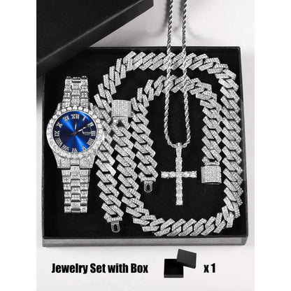 Unisex 3-Piece Punk Jewellery Exquisite Watch Set, Set Includes Rhinestone Shine Cross Pendant Necklace, Adjustable Alloy Bracelet & Exquisite Watch for Everyday Wear