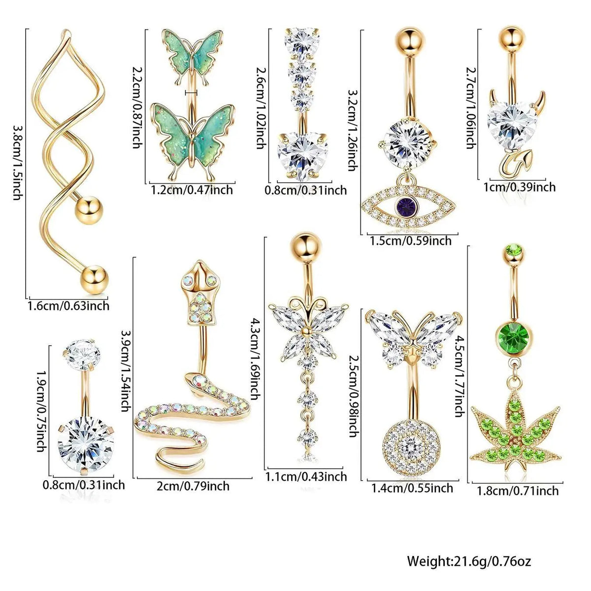 Women's Rhinestone Decorated Charms Belly Piercing Chic Body Jewelry, Body Piercings Set, Belly Button Rings, New Summer 2024 Butterfly & Eye & Snake & Heart Navel Real Jewelry Sets for Women Girls, Body Jewellery