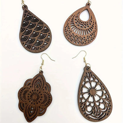 Wooden Hollow Out Design Dangle Earrings, Vintage Style Water Drop Shaped Earrings, Teardrop Dangle Earrings, Fashion Crafted Jewelry Accessories for Women