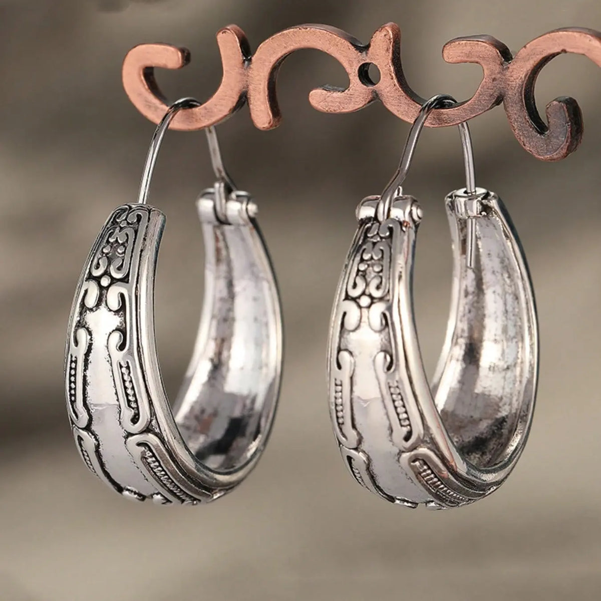 Bohemian Earrings, Silver Color Women's Earrings, Handmade Earrings, Gift for Her, Textured Silver Earrings, Fashion Jewelry, Stylish Jewelry, Hoop Shape Earrings, Fashionable Hoop Earrings, Hoops Shape Earrings