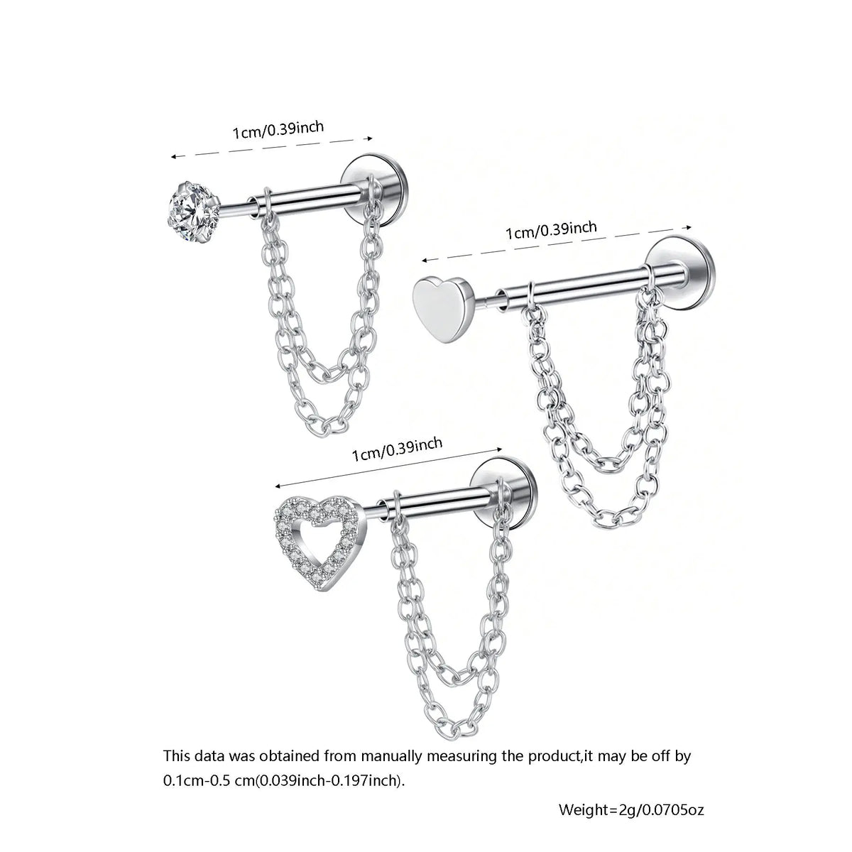 Unisex Stainless Steel Cz Heart Chain Earrings, 20g Push-Back Studs, Fashionable Jewelry Gift for Birthdays & Special Occasions, Chain Style, Trendy Fashionable Accessories, Zircon Stud Earrings, Cubic Zirconia