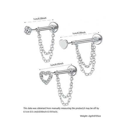 Unisex Stainless Steel Cz Heart Chain Earrings, 20g Push-Back Studs, Fashionable Jewelry Gift for Birthdays & Special Occasions, Chain Style, Trendy Fashionable Accessories, Zircon Stud Earrings, Cubic Zirconia