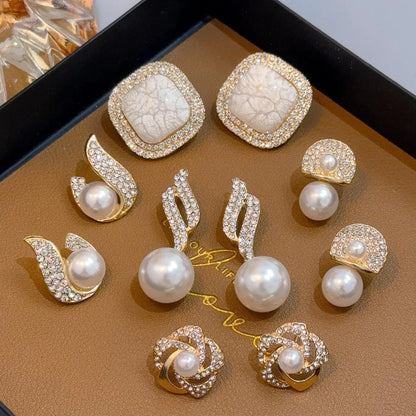 Elegant Faux Pearl & Rhinestone Jewelry Set, Fashion Jewelry for Party, Trendy All-match & Exquisite Jewelry for Birthday Gift, Fashionable Ear Studs Earrings, Shining Earrings, Unique Design Earrings, Stud Earring Sets, Jewellery