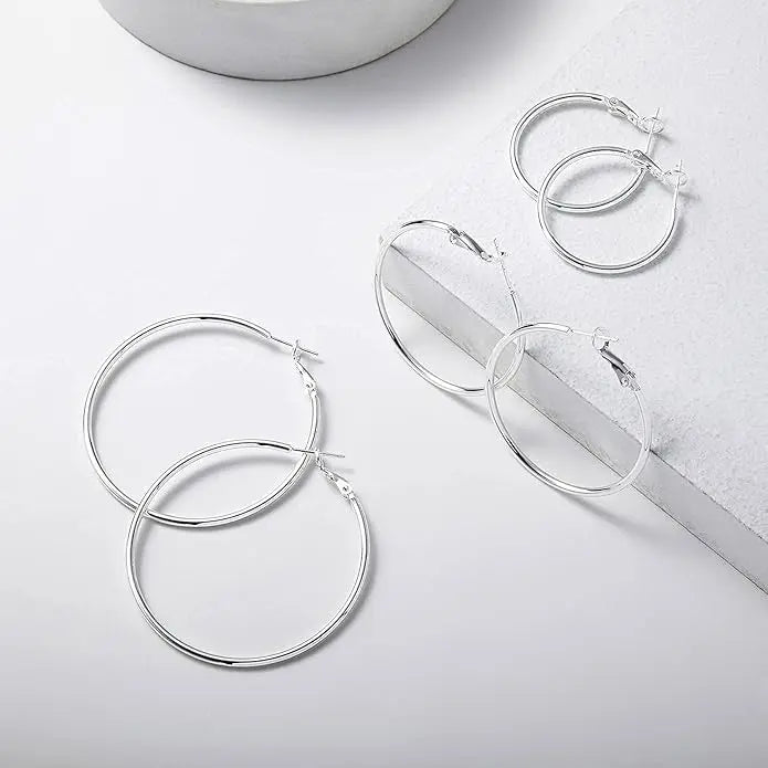 Women's Oversize Hoop Earrings Set - 3 Pairs (40mm, 50mm, 60mm) Thin Silver Big Hoops, Hypoallergenic Circle Earrings for Daily Wear, Fashionable Multi-Size Bold Design Accessories for Women