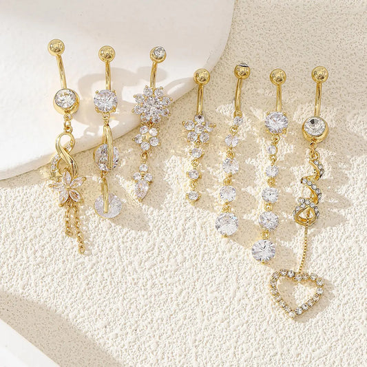 Women's Elegant Rhinestone, Flower and Heart Decor Belly Rings, Exquisite Trendy Belly Piercing Jewelry, Chic Body Jewelry, Belly Button Jewelry for Party & Daily Decor, Sparkling Artificial Zircon Inlay, Gems for Piercings #GLOBAL PICKS