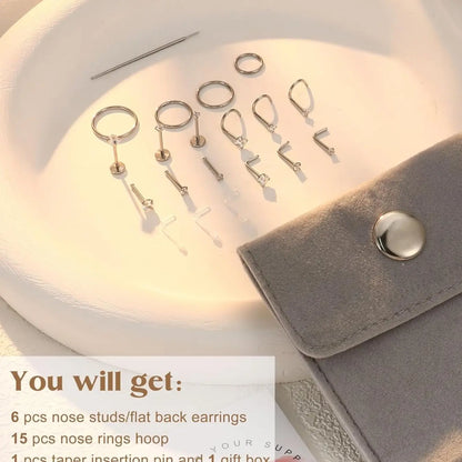Gold Filled Nose Rings Studs Hinged Nose Hoops for Women Men: Body Piercing Jewelry 20G 18G 316L Surgical Stainless Steel Hypoallergenic Dainty Simulated Diamond L Shaped/Corkscrew/Straight/Push Back Nostril Piercing Jewelry with Rhinestone Nose Ring