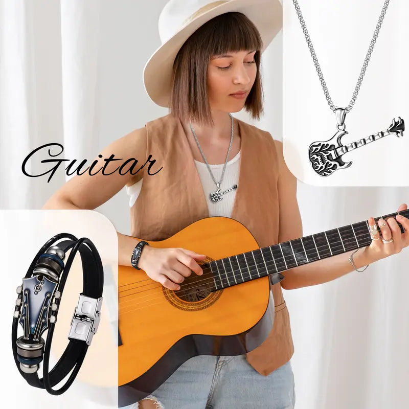 OIDEA Men's Punk Edge Jewelry Set - Stainless Steel Bold Guitar Head Shape Pick Necklace, Adjustable Leather Bracelet, Rock Musical Accessories, Gifts for Boyfriend, Meaningful Gift