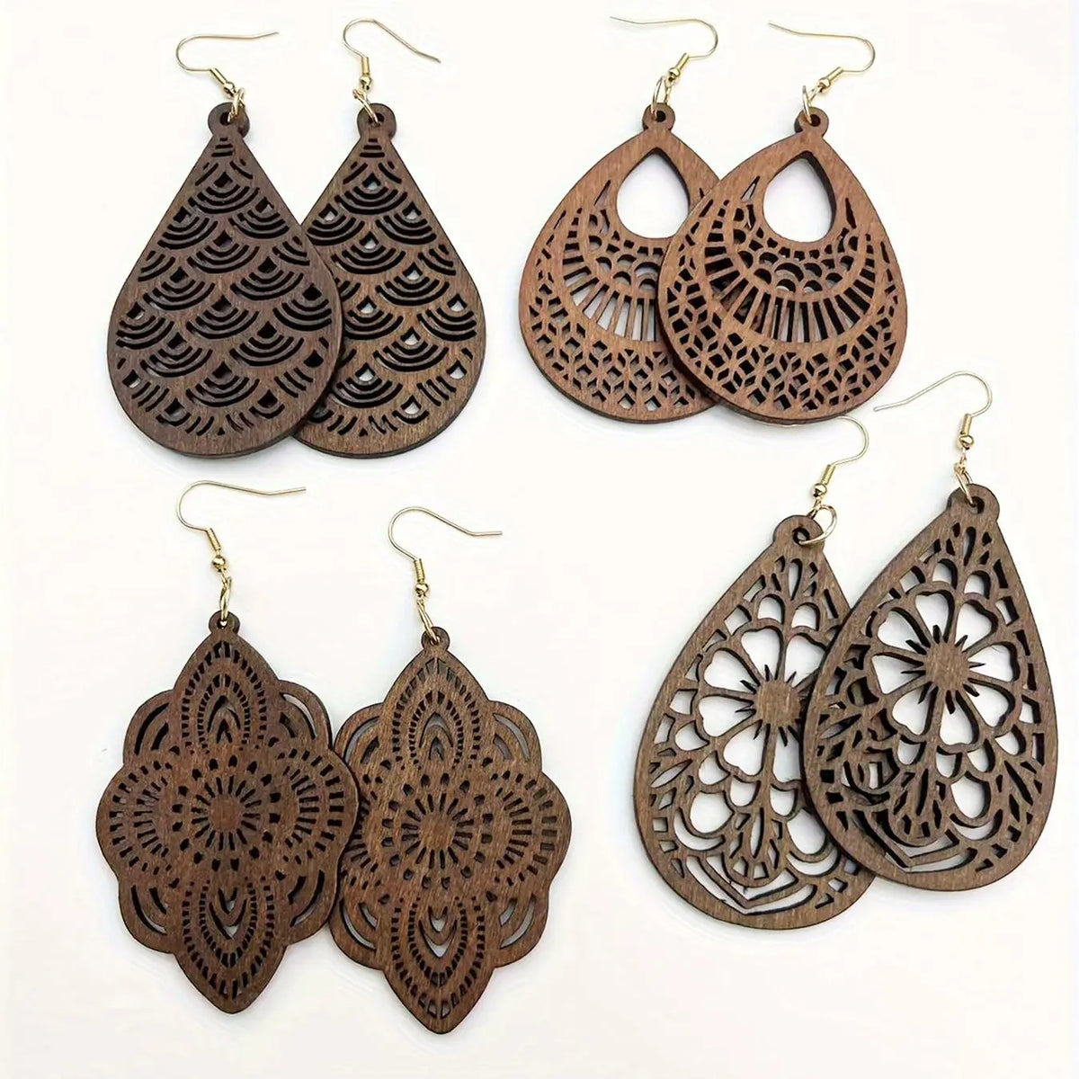 Wooden Hollow Out Design Dangle Earrings, Vintage Style Water Drop Shaped Earrings, Teardrop Dangle Earrings, Fashion Crafted Jewelry Accessories for Women